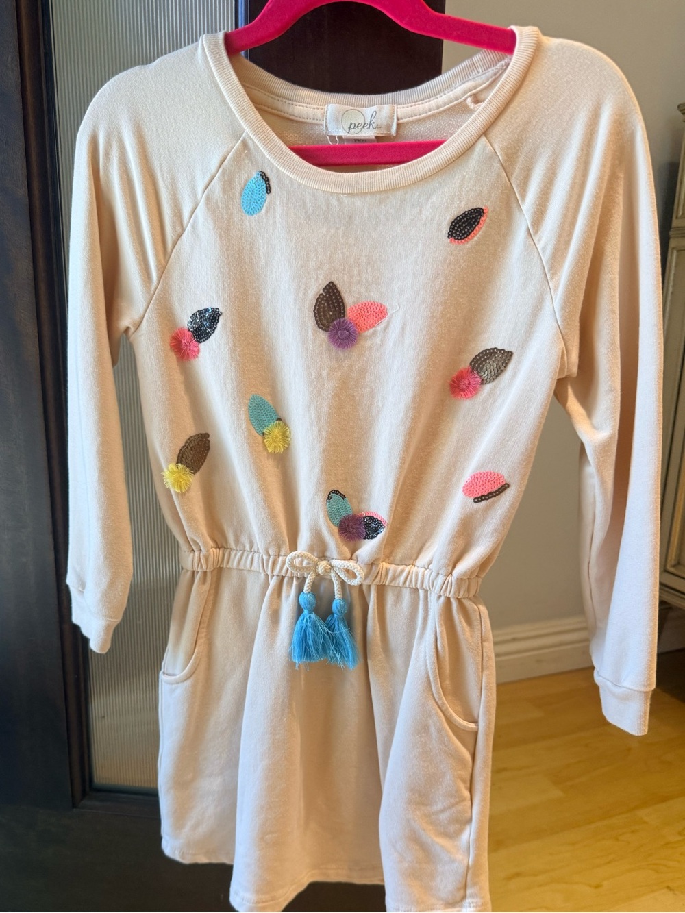 Peek Cream Girls' Dress with Multicolor Leaf Appliqués and Blue Tassels